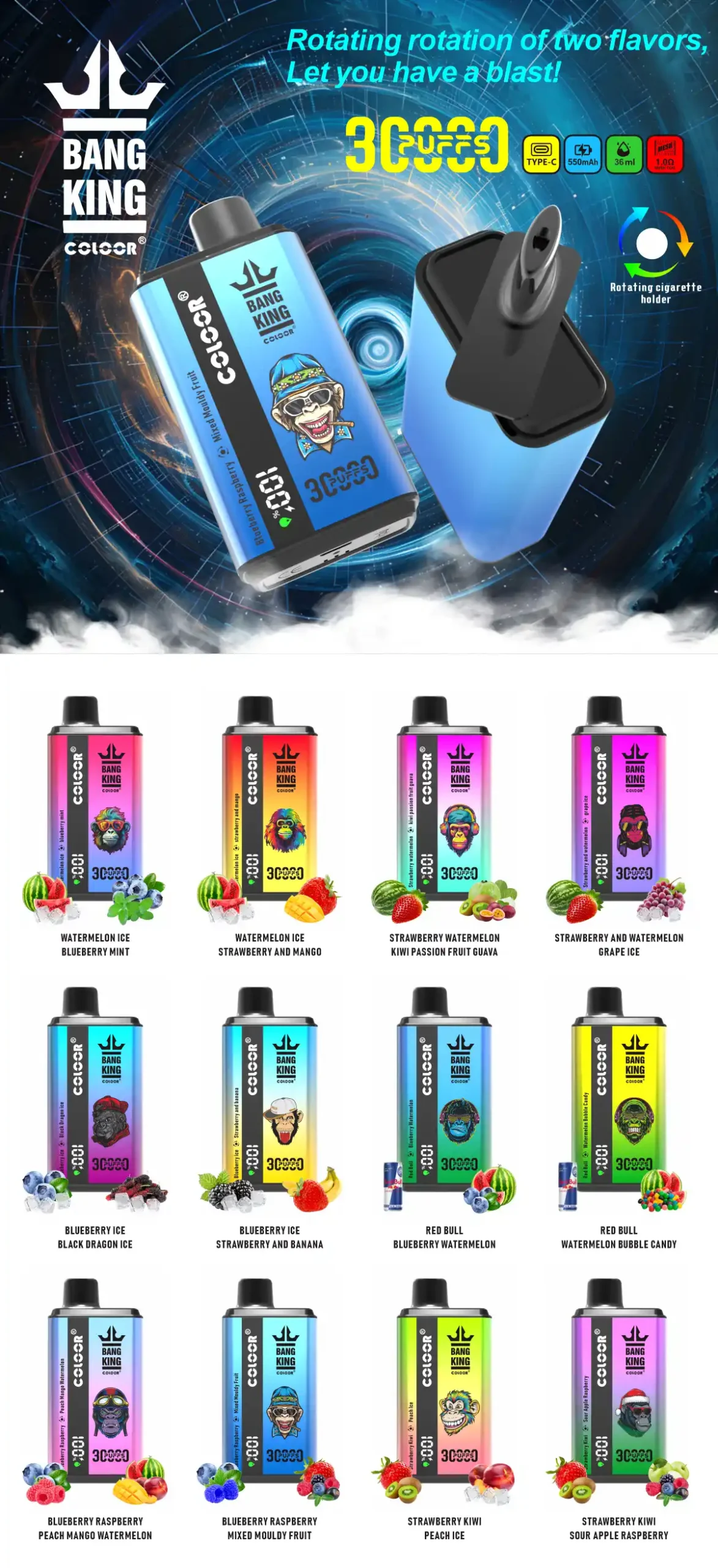 Bang King 30000 Puffs Double Taste 5% Nicotine 36ml E-Liquid Mesh Coil Technology